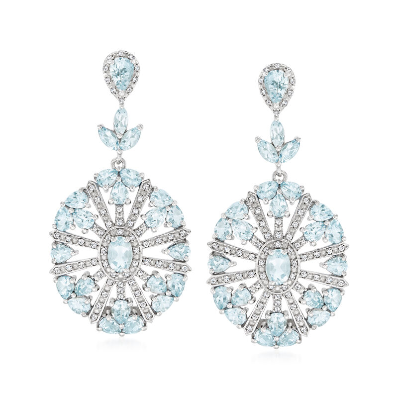 6.50 ct. t.w. Aquamarine and .56 ct. t.w. Diamond Drop Earrings in Sterling Silver  image number 0