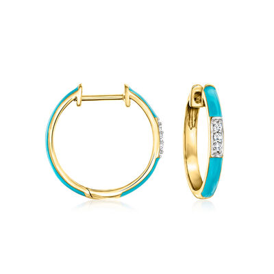Blue Enamel and Diamond Hoop Earrings in 18kt Gold Over Sterling