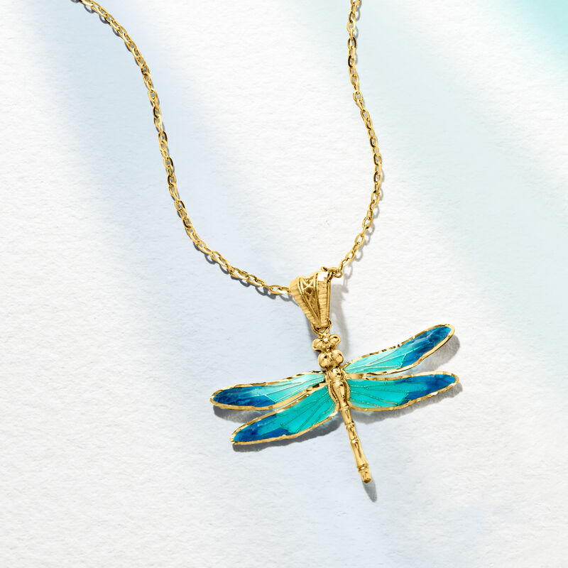 Italian Tonal Blue Enamel and 18kt Yellow Gold Dragonfly Pendant Necklace image number 3