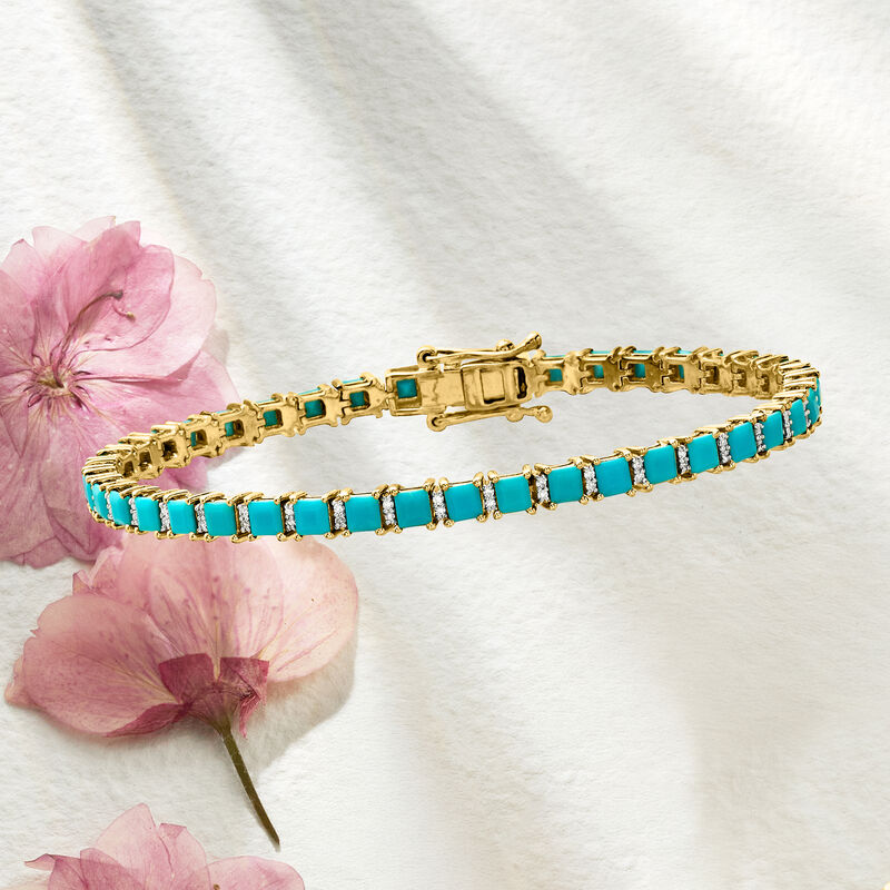 Turquoise and .43 ct. t.w. Diamond Tennis Bracelet in 18kt Gold Over Sterling. 7" image number 2
