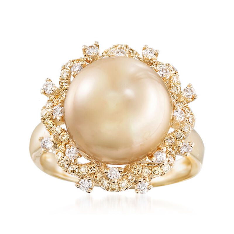 12-12.5mm Golden Cultured South Sea Pearl and Yellow and White Diamond Ring in 18kt Yellow Gold image number 0