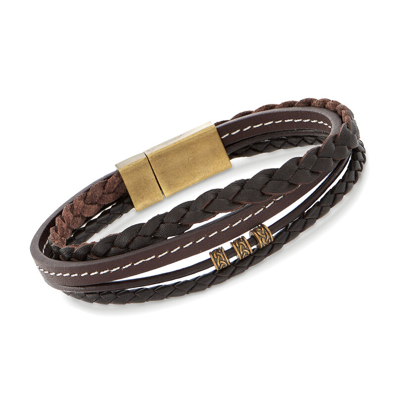 Men's Multi-Strand Brown Leather Bracelet with Beads and Stainless Steel Magnetic Clasp. 8.25&quot; image number 0