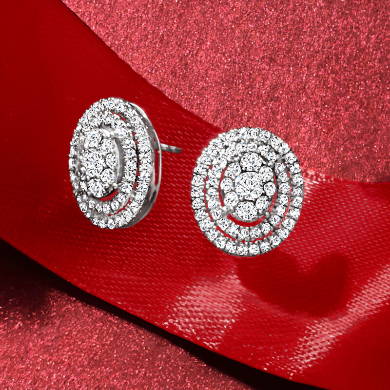 1.50 ct. t.w. Diamond Cluster Oval Earrings in 14kt White Gold image number 2