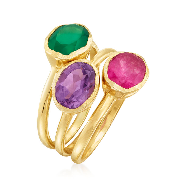 Pink Quartz, Green Chalcedony and Amethyst Jewelry Set: Three Rings in 18kt Gold Over Sterling image number 2