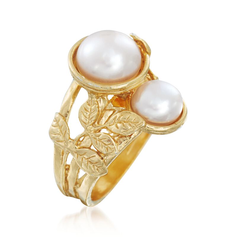 8-10mm Cultured Pearl Leaf Ring in 18kt Gold Over Sterling image number 2