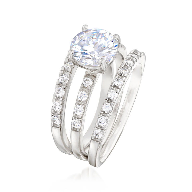 2.40 ct. t.w. CZ Bridal Set: Engagement and Two Wedding Rings in Sterling Silver image number 2