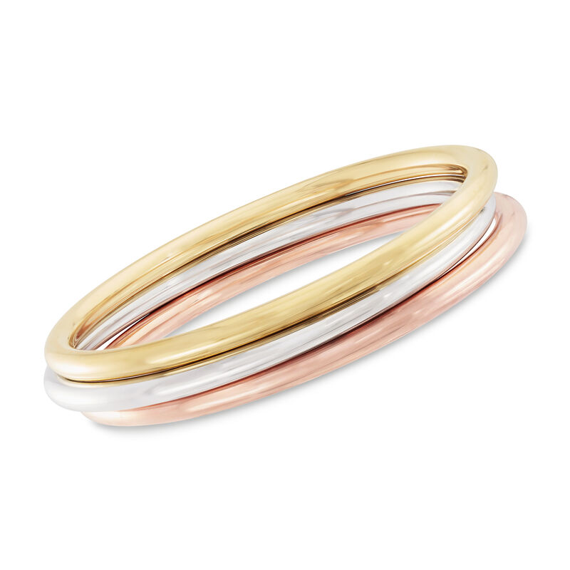 Italian Andiamo 14kt Tri-Colored Gold Jewelry Set: Three Polished Bangle Bracelets. 7.5&quot; image number 0