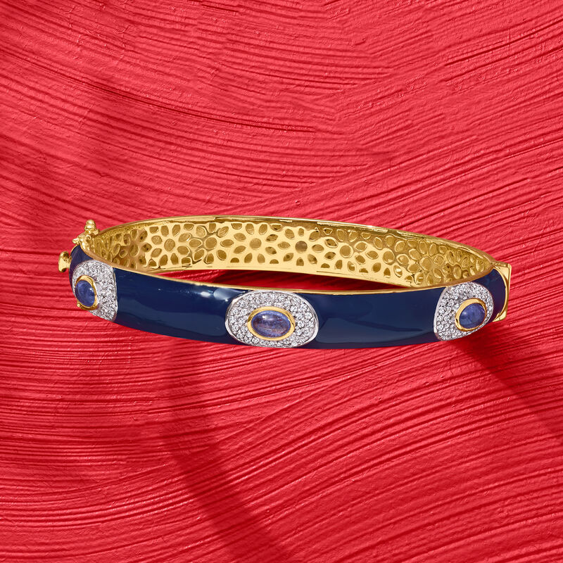 3.70 ct. t.w. Tanzanite and 1.60 ct. t.w. White Zircon Bangle Bracelet with Blue Enamel in 18kt Gold Over Sterling. 7.5&quot; image number 2