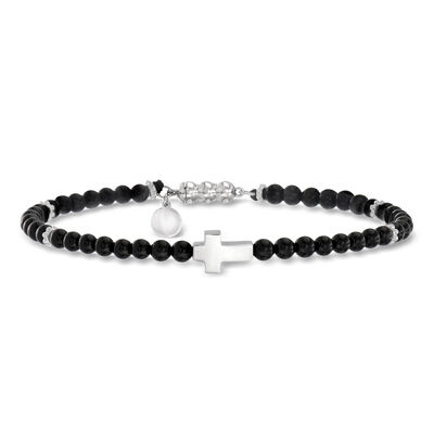 Gabriel & Co. Men's Sterling Silver Cross and Black Onyx Bead Bracelet