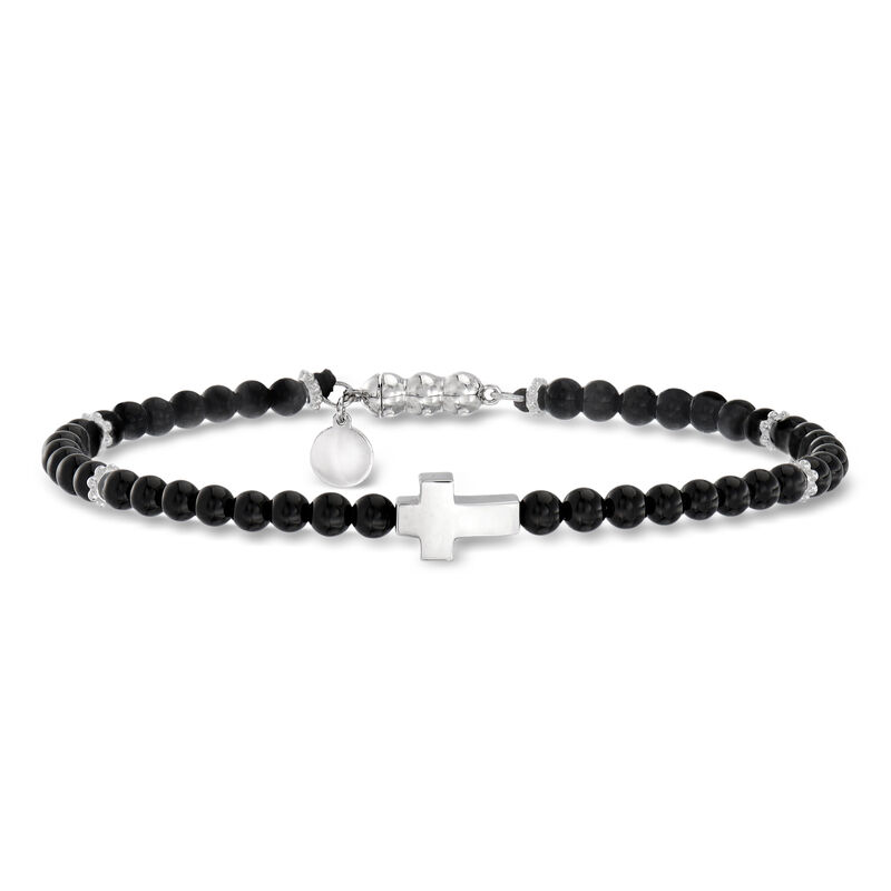 Gabriel & Co. Men's Sterling Silver Cross and Black Onyx Bead Bracelet. 8" image number 0
