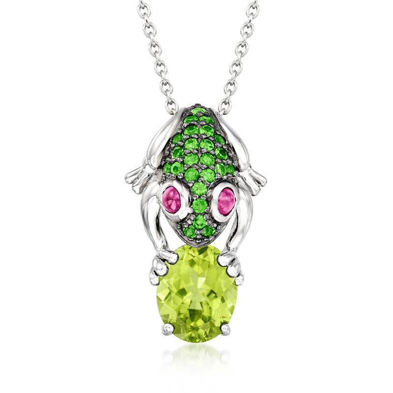 2.80 Carat Peridot and .60 ct. t.w. Ruby Frog Pendant Necklace with .30 ct. t.w. Chrome Diopsides in Sterling Silver image number 0