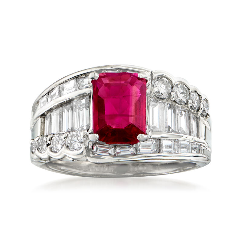 C. 1980 Vintage 1.70 Carat Ruby and 1.53 ct. t.w. Diamond Ring in Platinum image number 0