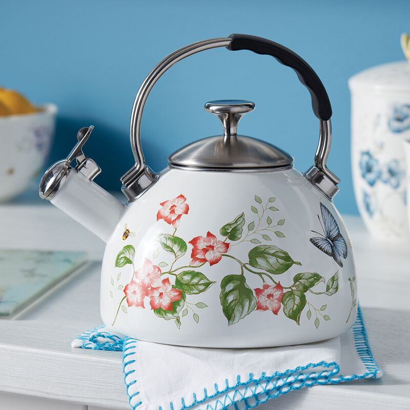 Lenox &quot;Butterfly Meadow&quot; White Enamel Stainless Steel Tea Kettle image number 1