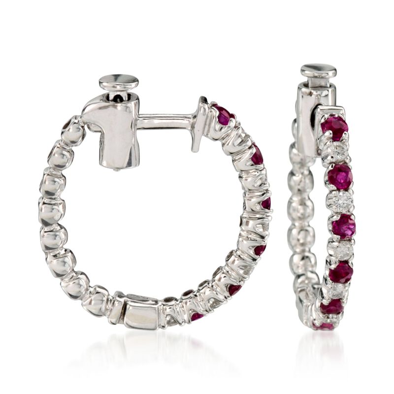 .45 ct. t.w. Ruby and .15 ct. t.w. Diamond Hoop Earrings in 14kt White Gold image number 0