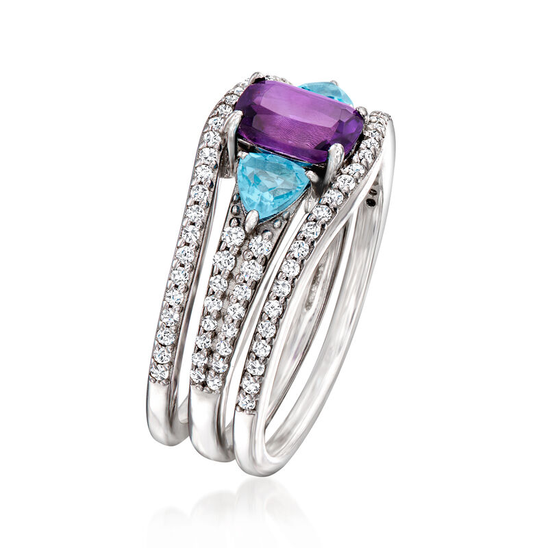 .80 Carat Amethyst, .50 ct. t.w. Swiss Blue Topaz and .50 ct. t.w. White Topaz Jewelry Set: Ring and Ring Guard in Sterling Silver image number 4