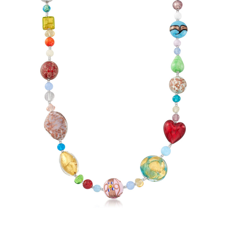 Italian Multicolored Murano Glass Bead Necklace with Sterling Silver. 18&quot; image number 1