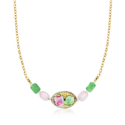 Italian Pink and Green Murano Glass Bead Necklace in 18kt Gold Over Sterling