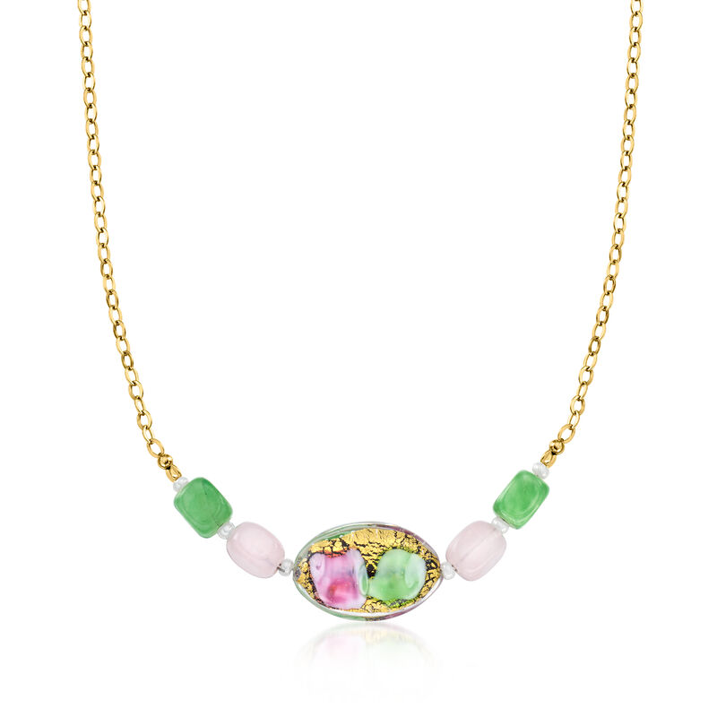 Italian Pink and Green Murano Glass Bead Necklace in 18kt Gold Over Sterling. 18" image number 1