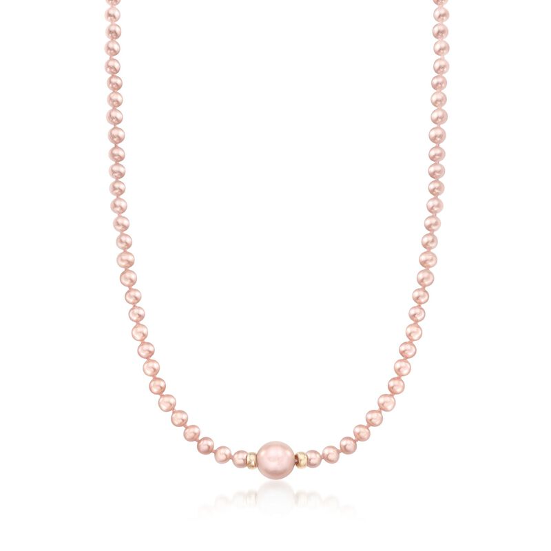 5-6mm and 11-12mm Pink Cultured Pearl Necklace with 14kt Yellow Gold. 18&quot; image number 1