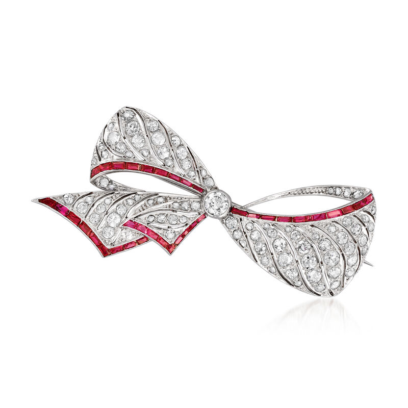 C. 1940 Vintage 1.80 ct. t.w. Diamond and 1.60 ct. t.w. Simulated Ruby Bow Pin in 14kt White Gold image number 0