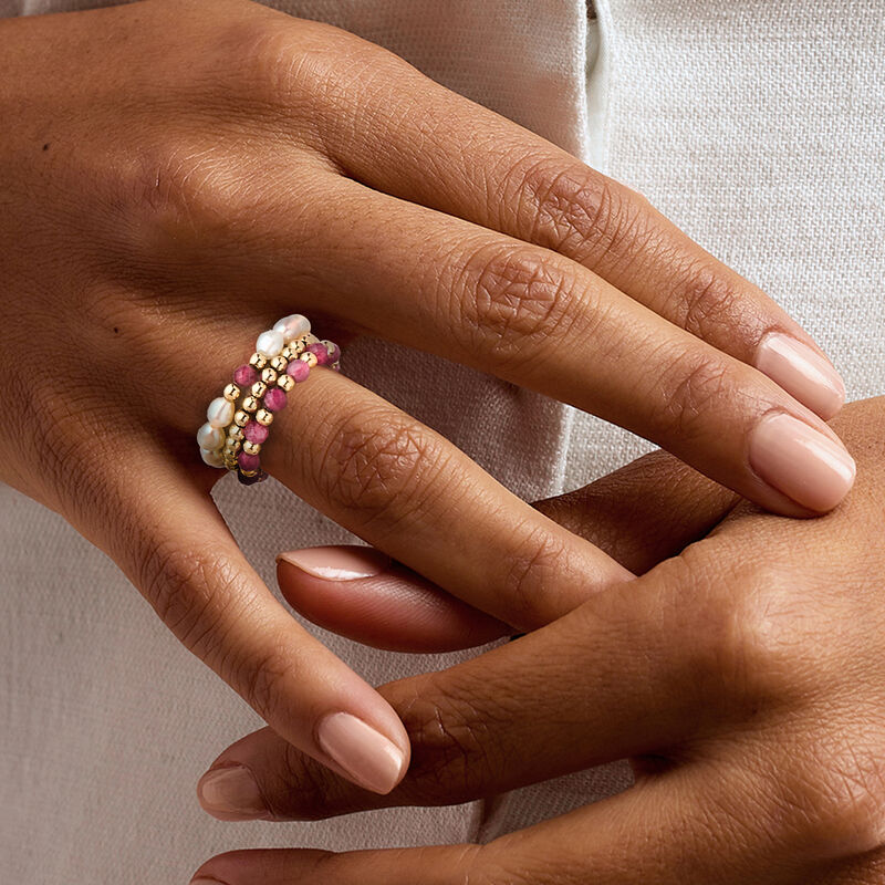 3-4mm Cultured Pearl and 3-3.5mm Pink Tourmaline Bead Jewelry Set: Three Stretch Rings with 10kt Yellow Gold image number 1
