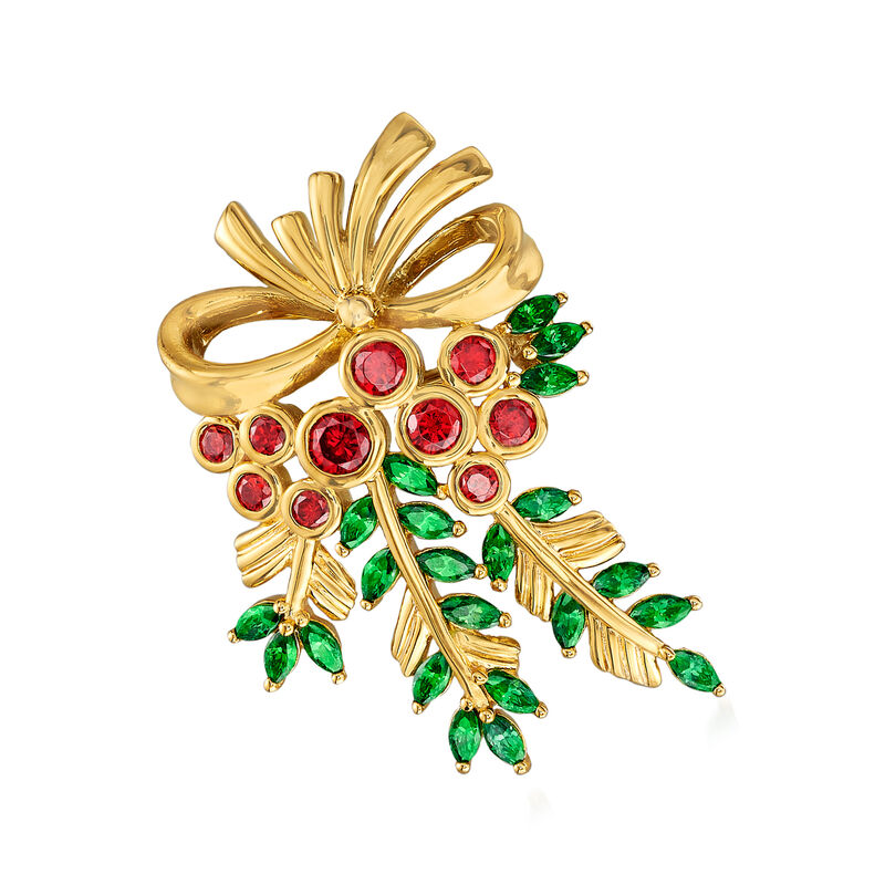 2.20 ct. t.w. Simulated Emerald and 1.00 Simulated Ruby Holly Berry Pin in 18kt Gold Over Sterling image number 0