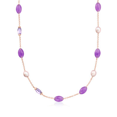 C. 1990 Vintage Mimi Milano Lavender Jade and 5.25 ct. t.w. Amethyst Station Necklace with Cultured Peach Pearls in 18kt Rose Gold