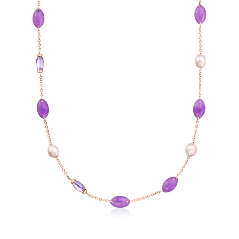 C. 1990 Vintage Mimi Milano Lavender Jade and 5.25 ct. t.w. Amethyst Station Necklace with Cultured Peach Pearls in 18kt Rose Gold. 18.75" image number 0