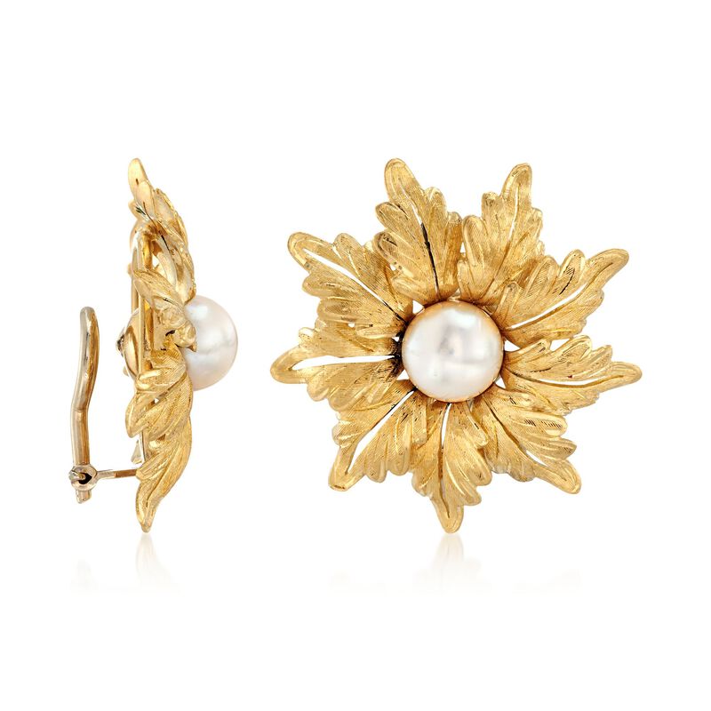 C. 1980 Vintage 8mm Cultured Pearl Floral Earrings in 18kt Yellow Gold  image number 2