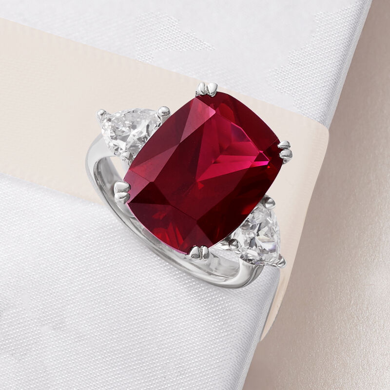 12.70 Carat Simulated Ruby and 1.75 ct. t.w. CZ Ring in Sterling Silver image number 4