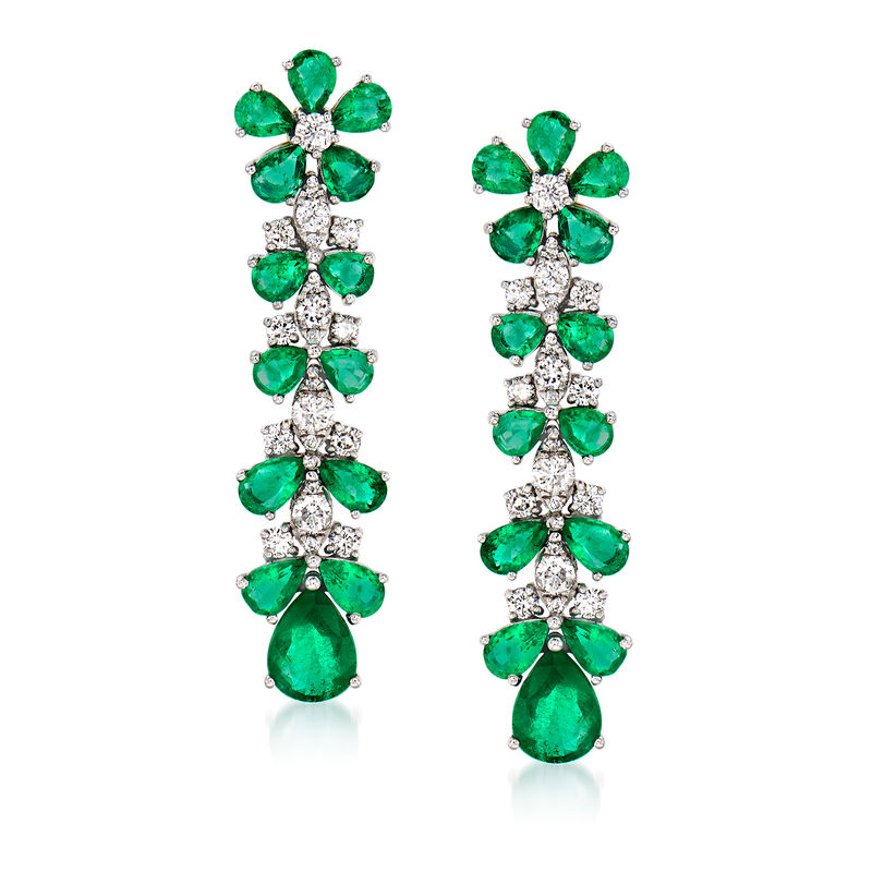 5.40 ct. t.w. Emerald and 1.00 ct. t.w. Diamond Floral Drop Earrings in 18kt White Gold image number 0