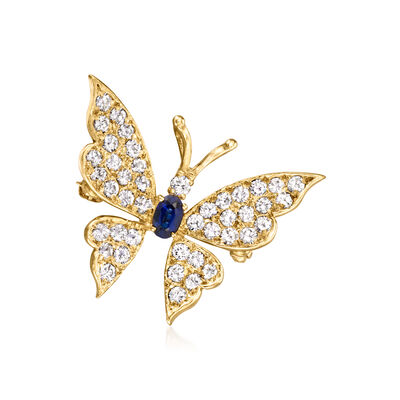 C. 1990 Vintage 1.30 ct. t.w. Diamond and .30 Carat Sapphire Butterfly Pin/Pendant in 14kt Yellow Gold