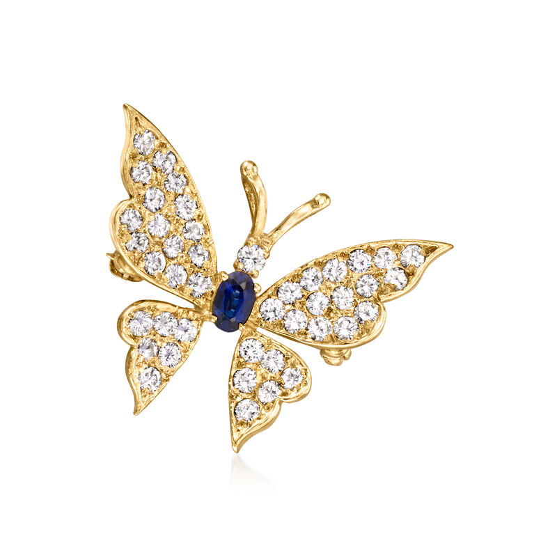 C. 1990 Vintage 1.30 ct. t.w. Diamond and .30 Carat Sapphire Butterfly Pin/Pendant in 14kt Yellow Gold image number 0
