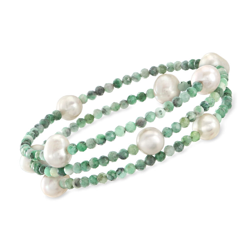 8-8.5mm Cultured Pearl and 10.10 ct. t.w. Emerald Bead Wrap Bracelet. 7&quot; image number 0