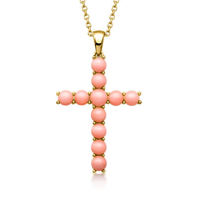 Pink Coral Cross Pendant Necklace in 18kt Gold Over Sterling