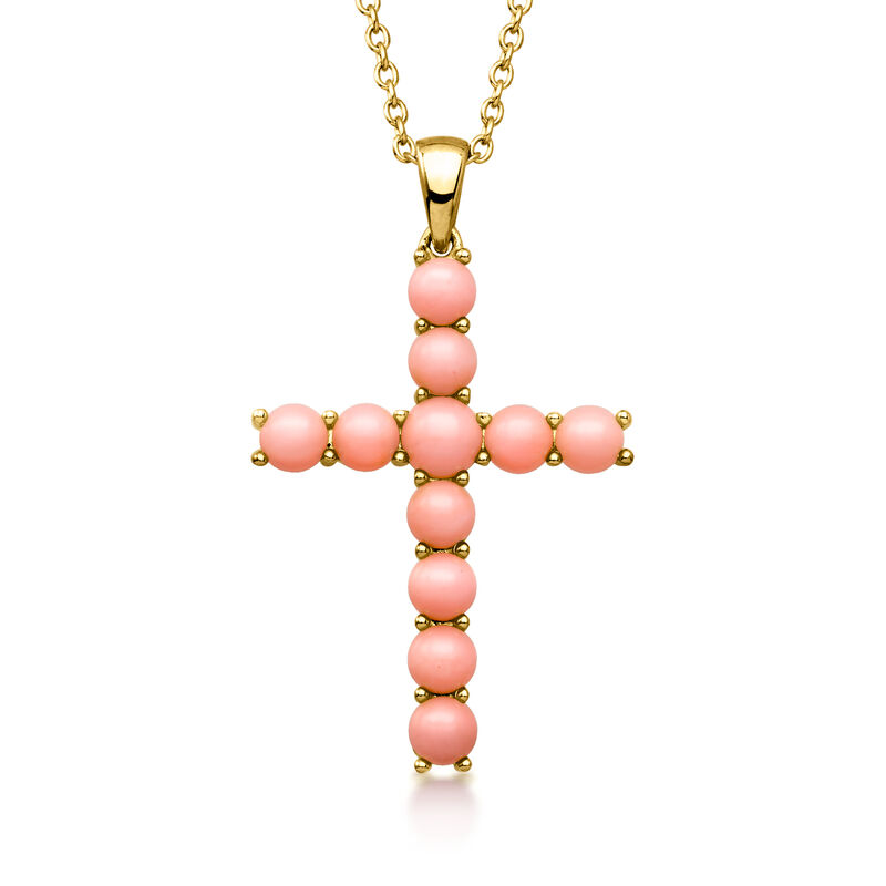 Pink Coral Cross Pendant Necklace in 18kt Gold Over Sterling. 18" image number 1
