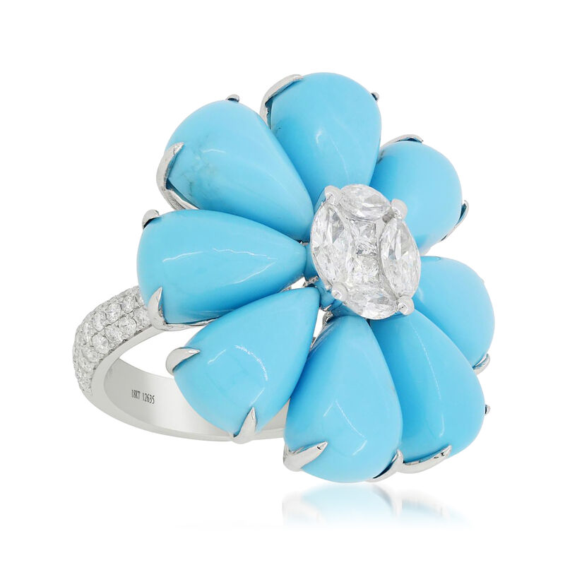 Turquoise and 1.47 ct. t.w. Diamond Flower Ring in 18kt White Gold. Size 7 image number 0