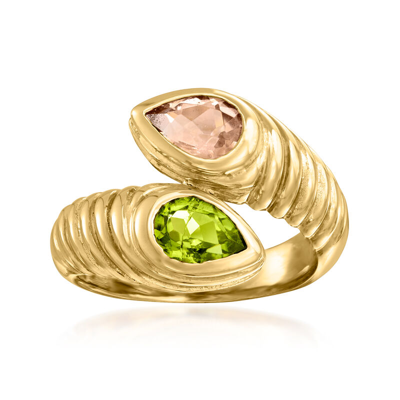 C. 1980 Vintage Bulgari .75 Carat Peridot and .70 Carat Pink Tourmaline Bypass Ring in 18kt Yellow Gold image number 0