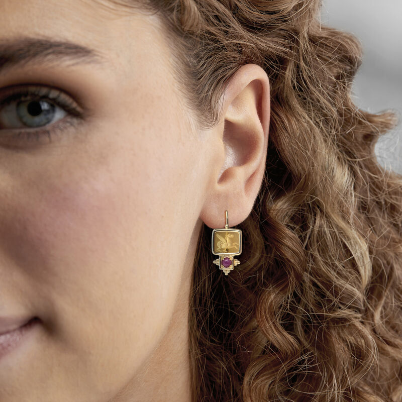 C. 1980 Vintage Simulated Quartz and 1.00 ct. t.w. Ruby Pegasus Earrings in 18kt Yellow Gold image number 1