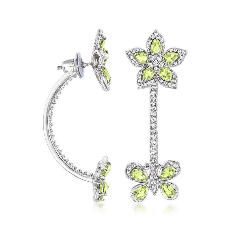 3.50 ct. t.w. Peridot and 1.90 ct. t.w. White Zircon Flower and Butterfly Drop Earrings in Sterling Silver  image number 0