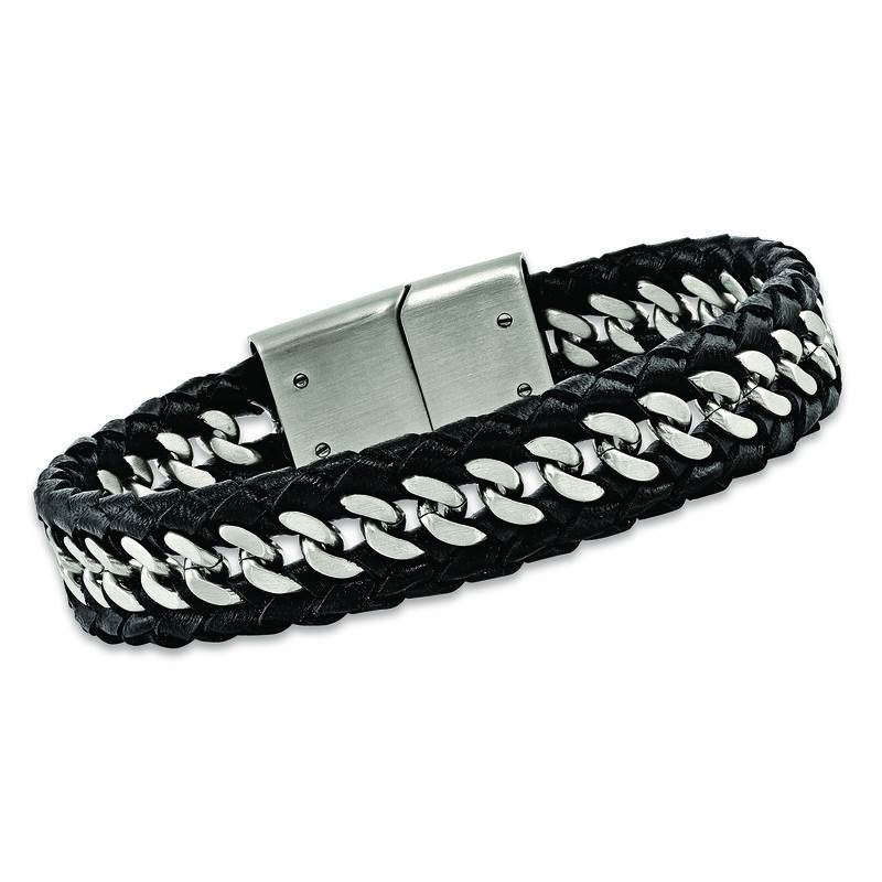 Men's Black Leather and Stainless Steel Curb-Link Bracelet image number 0