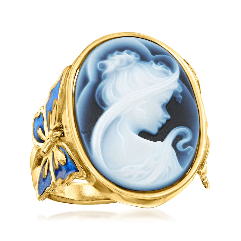 Italian Blue Agate Cameo Ring with Blue Enamel in 18kt Gold Over Sterling image number 3
