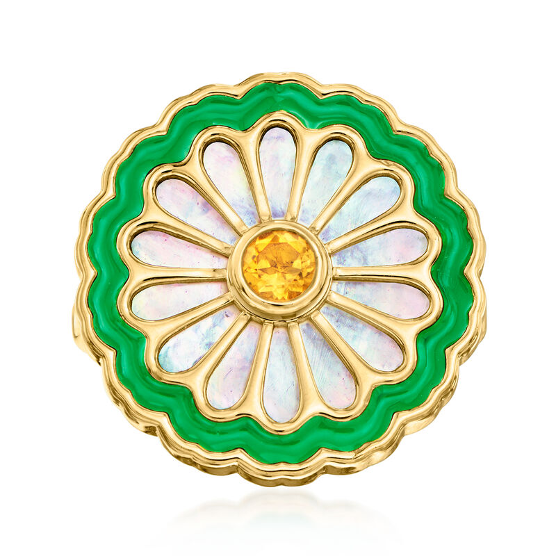 Mother-of-Pearl and .10 Carat Citrine Flower Ring with Green Enamel in 18kt Gold Over Sterling image number 0