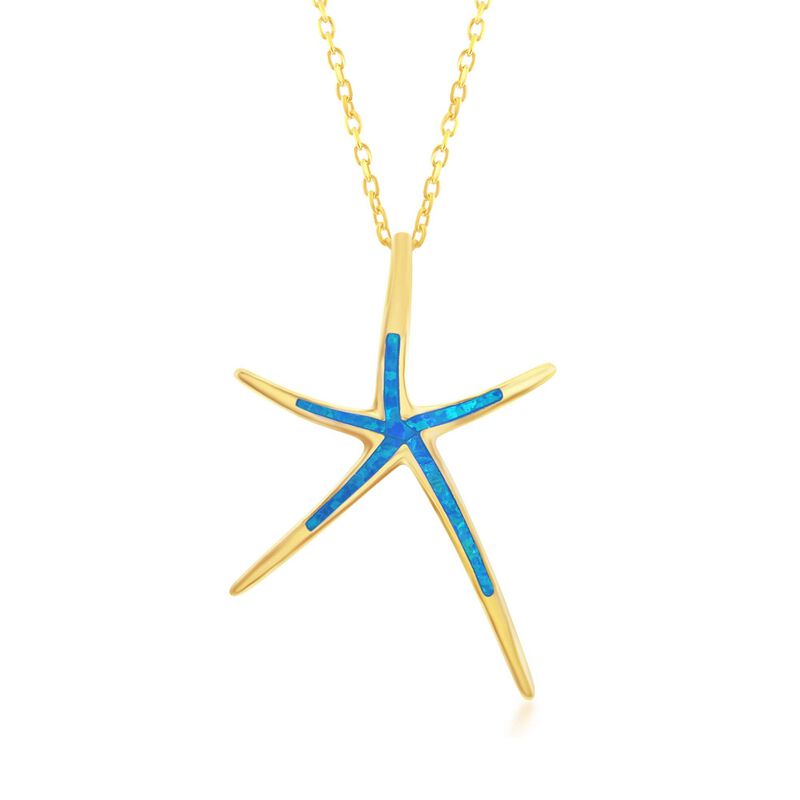 Blue Synthetic Opal Starfish Pendant Necklace in 18kt Yellow Gold Over Sterling Silver. 18&quot; image number 1