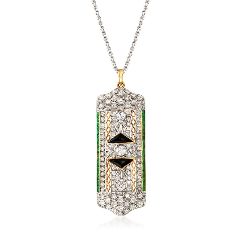 C. 1960 Vintage 3.00 ct. t.w. Diamond and 1.25 ct. t.w. Emerald Pin/Pendant Necklace with Black Onyx in 18kt Two-Tone Gold image number 0
