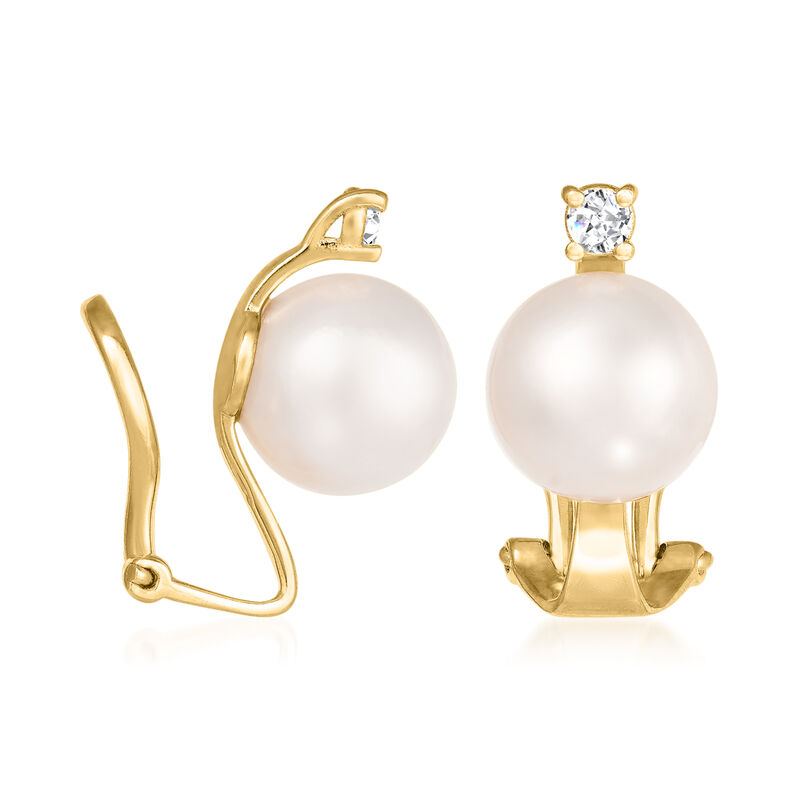 7-7.5mm Cultured Akoya Pearl Clip-On Earrings with Diamonds in 14kt Yellow Gold image number 1