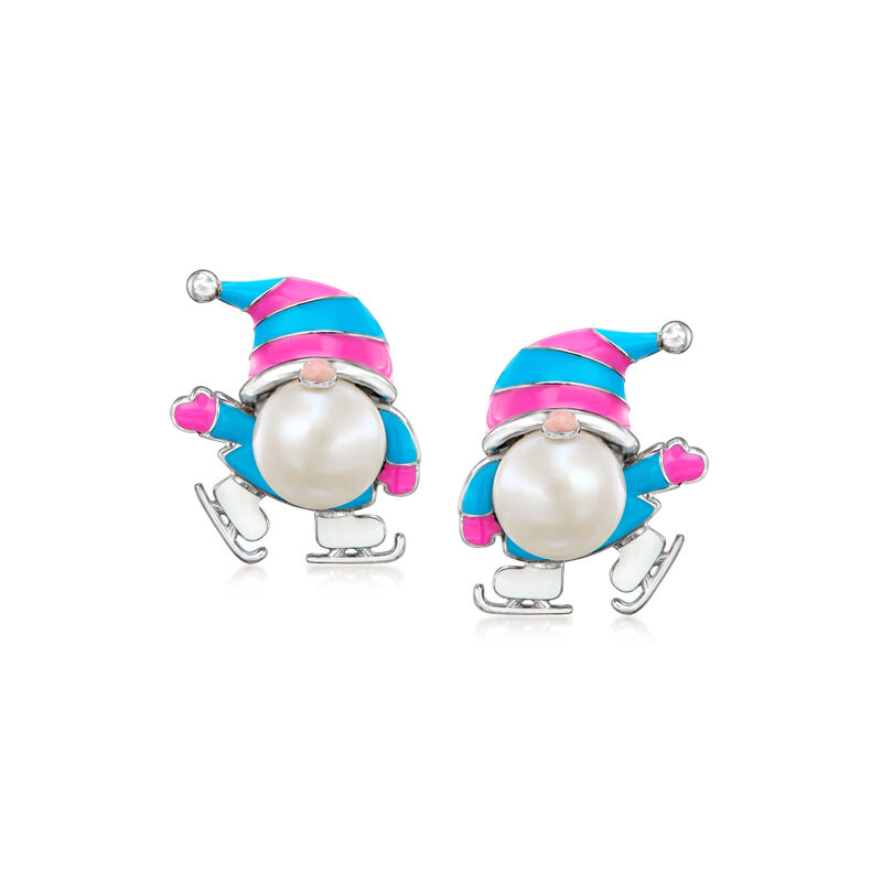 8-8.5mm Cultured Pearl and Multicolored Enamel Ice Skater Gnome Earrings in Sterling Silver image number 0