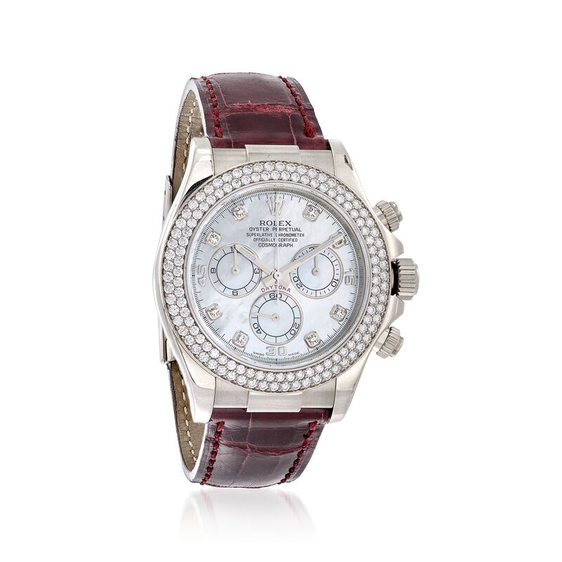 Pre-Owned Rolex Daytona Men's 40mm Diamond 18kt White Gold Watch with Burgundy Leather image number 0