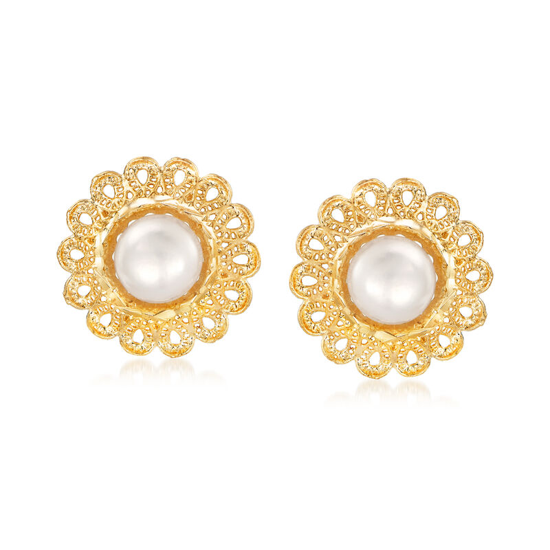 Italian 7.5mm Cultured Pearl Flower Stud Earrings in 18kt Yellow Gold image number 0