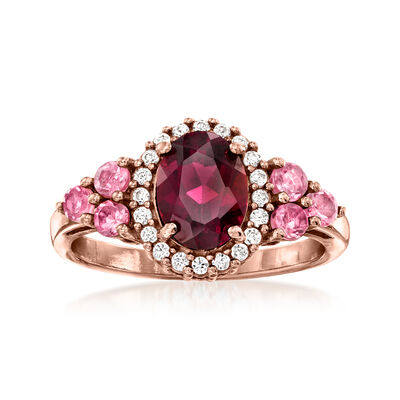 1.30 Carat Rhodolite Garnet and .10 ct. t.w. Pink Tourmaline Ring with .20 ct. t.w. White Zircon in 18kt Rose Gold Over Sterling